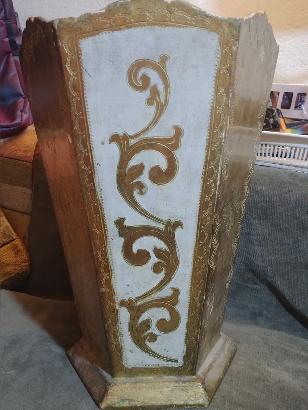 Gold and White Decorative Hexagonal Trash Container